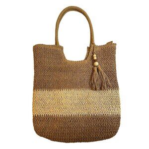 Handmade Woven Straw Tote‎ Bag With Tassel & Inner Pockets Beige/Brown 15" x 14"